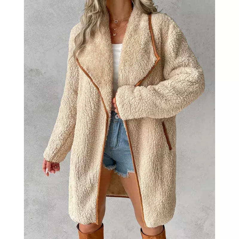 여성용 우아한 긴 소매 라펠 칼라 오픈 프론트 루즈 재킷, 아웃웨어 바인딩 포켓 롱라인 테디 코트, 가을 겨울