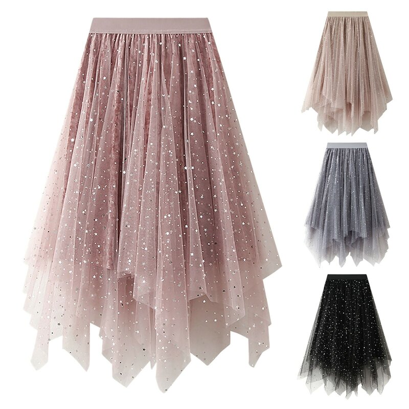 Women's A Line Fairy Elastic Waist Tulle Midi Skirt High Waist Skirts Mesh Dress Solid Color Irregular Yarn Skirt