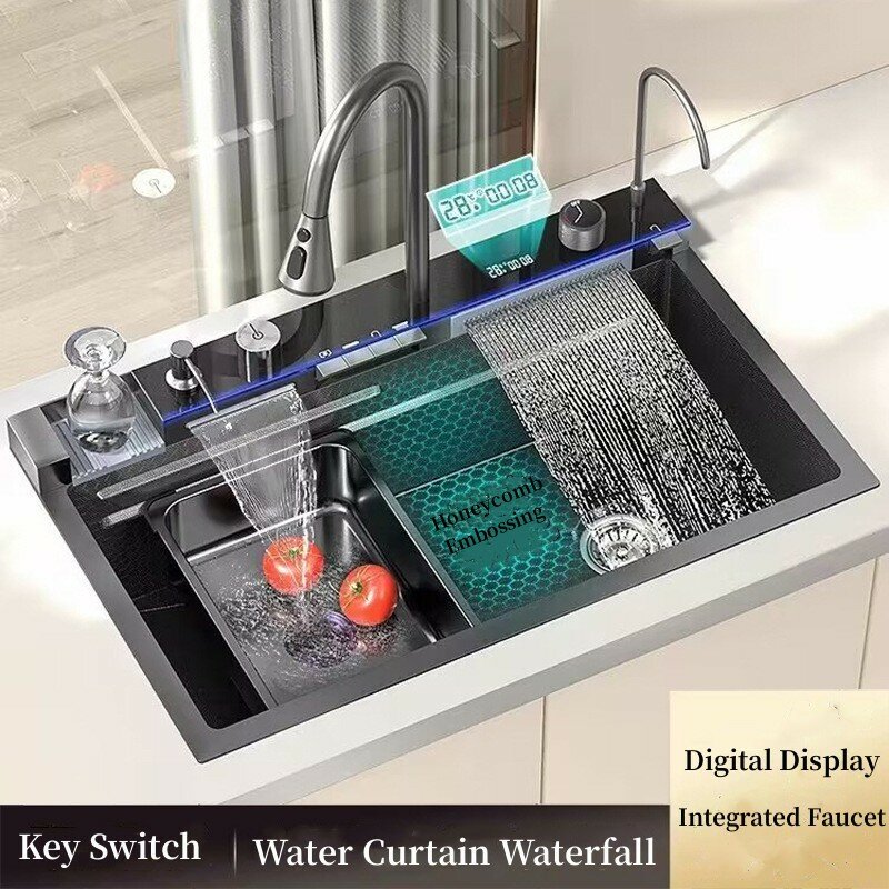 Aço inoxidável Cachoeira Kitchen Sink, slot único grande, integrado Digital Display Faucet Set, saboneteira, lavadora de copos, 304