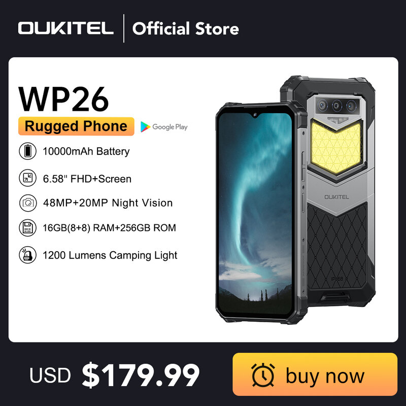 Oukitel WP26 wytrzymały smartfon 10000mAh, 8 + 8GB RAM 256GB ROM, telefon komórkowy Android MTK P90 48MP + 20MP kamera nocna telefon komórkowy