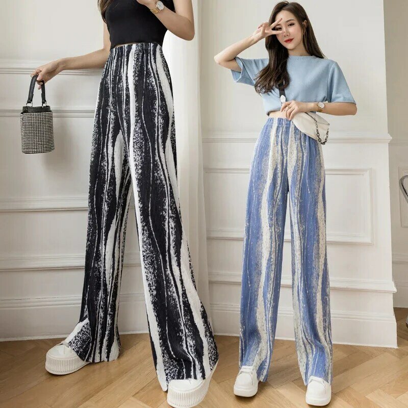 Women Casual High Waist Pleated Pants 2024 Chic Tie Dye Water Ripple Female Loose Wide-leg Trousers Ladies Summer Full Pant Pop