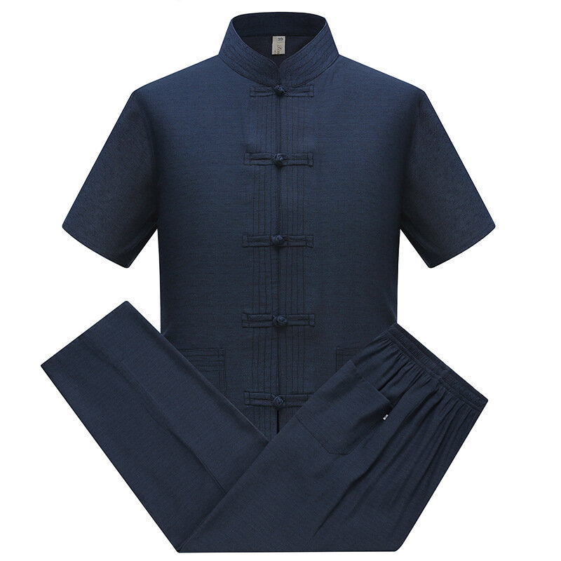 Roupas Tang tradicionais para homens, blusa vintage de botão para baixo jaqueta de manga curta vestuário de algodão Kung Fu traje sólido masculino