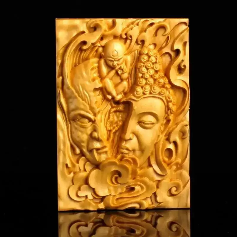 Rzeźba z drewna bukszpanu 4 sześć niematerialny wisiorek do samochodu Amulet Guan Gong Guanyin Tathagata rękodzieło wiszące bania stają się bogate