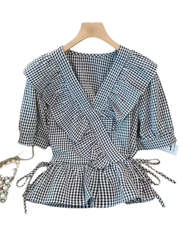 Nowy stylowy bufiaste rękawy bluzka z falbanami z dekoltem w szpic dla kobiet na co dzień i słodki młody damski Top z wąska talia klasycznym kontrastowym kolorem