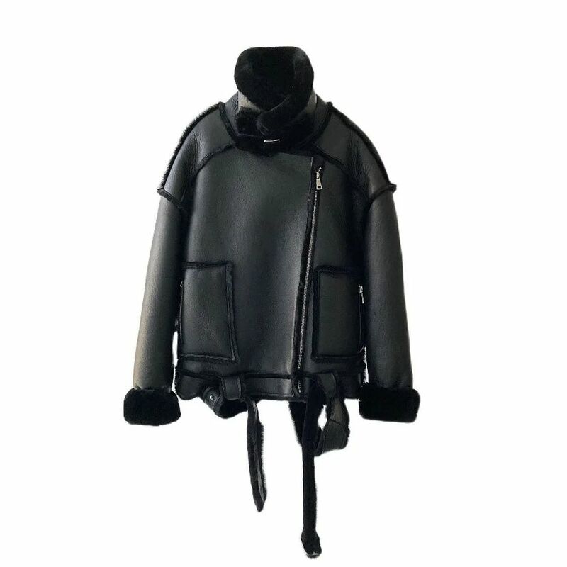 Manteau de moto en cuir véritable pour femme, fourrure d'agneau et fourrure intégrée, technologie noire, américains, hiver, nouveau, 2023