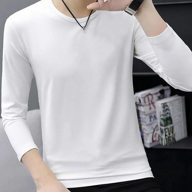 Camiseta de pelúcia de manga comprida masculina, blusa com gola redonda, pulôver elástico, quente, macio, outono, inverno