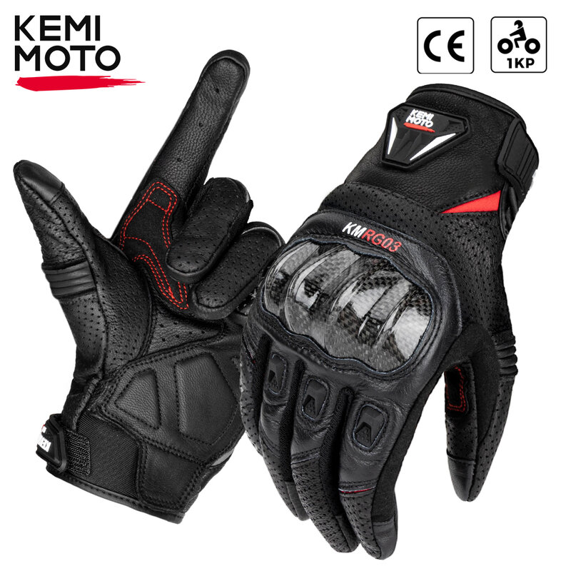 KEMIMOTO-Luvas de couro para homens, tela sensível ao toque, carbono protetor, respirável, retro, CE, motocicleta, verão