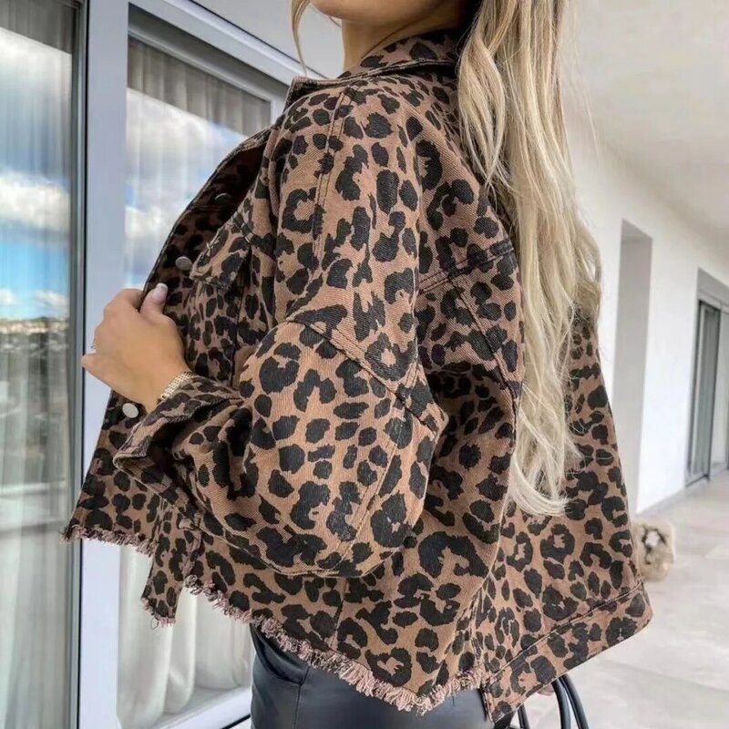 2024 neue Leoparden muster Langarm Jeans jacke Frauen Harajuku Mode kurze Mäntel lose lässige Jeans jacke für Frauen Streetwear