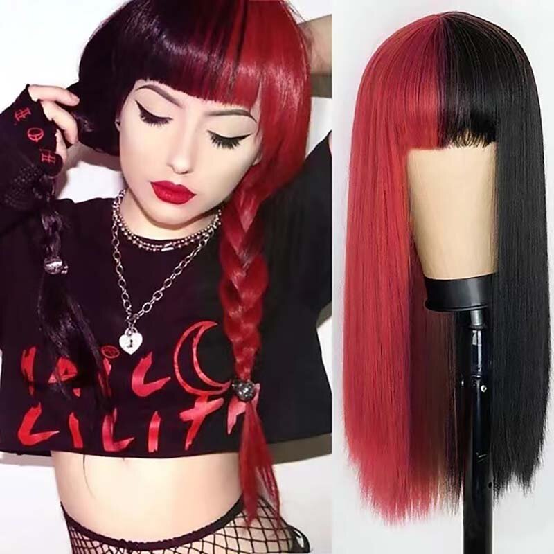 Peluca de cabello liso para mujer, pelo negro y rojo con flequillo cos, aspecto natural lolita, peluca sintética resistente al calor, sin pegamento, fiesta