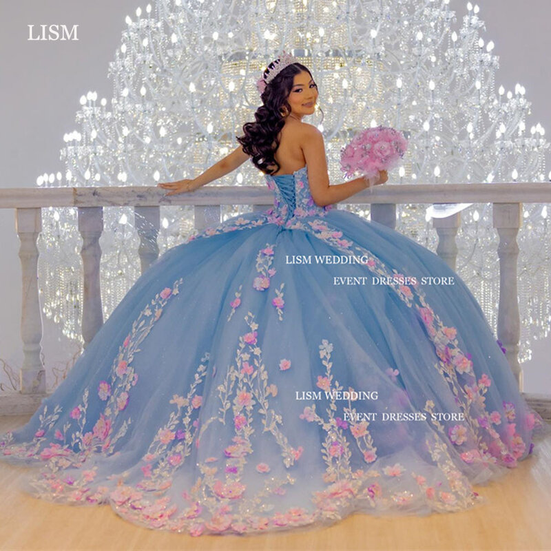 LISM Gorgeous Sky Blue Gitter 15 Quinceanera Dresses Princess 3D Lace Applique Sweetheart Corset Back Tulle Birthday Party Dress