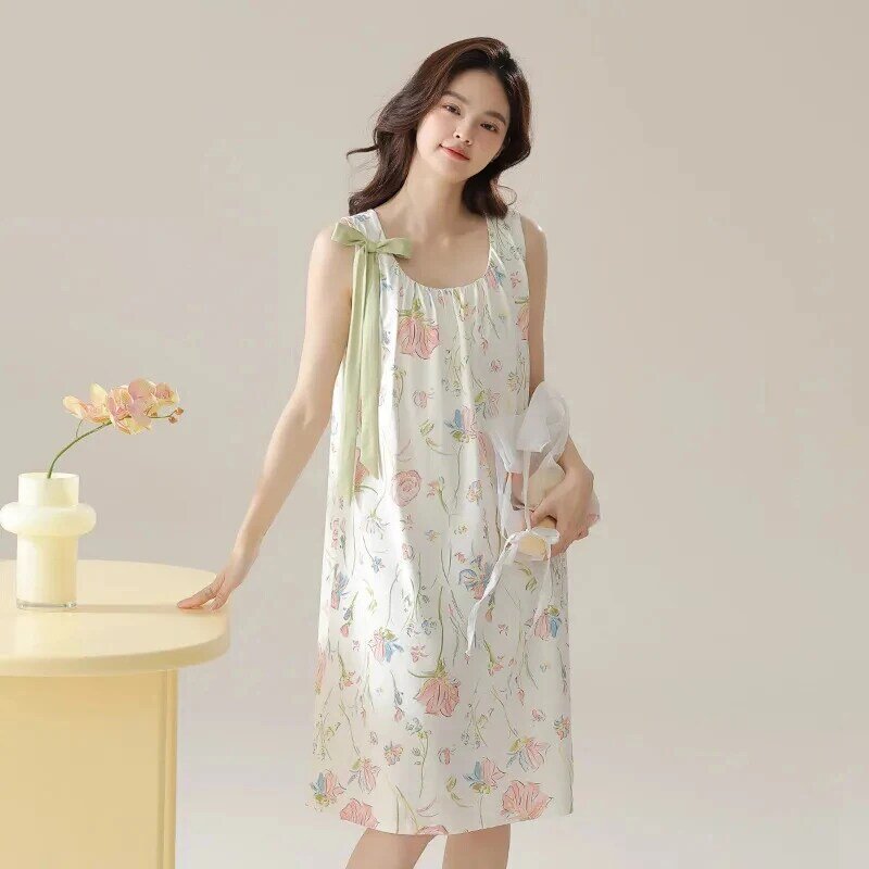 Summer Korean Style Nightdress Pajamas Floral Printing Princess Pajama Set Woman Fashion Loungewear Female Sexy Casual Dress