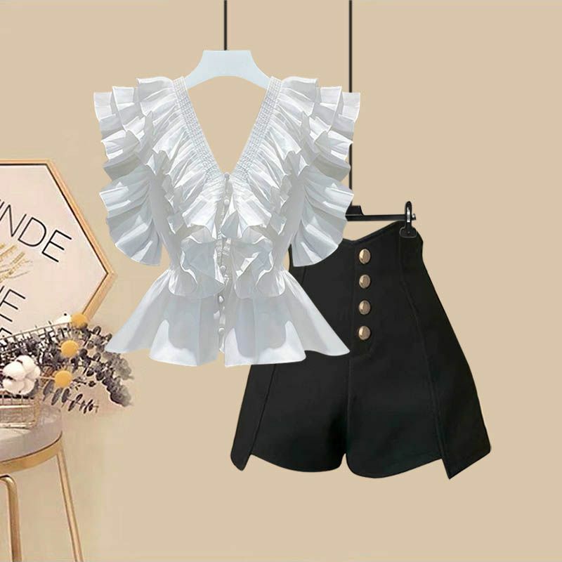 Conjunto de dos piezas para mujer, camisa adelgazante con borde de volantes, pantalones cortos de cintura alta, edición coreana, primavera y verano