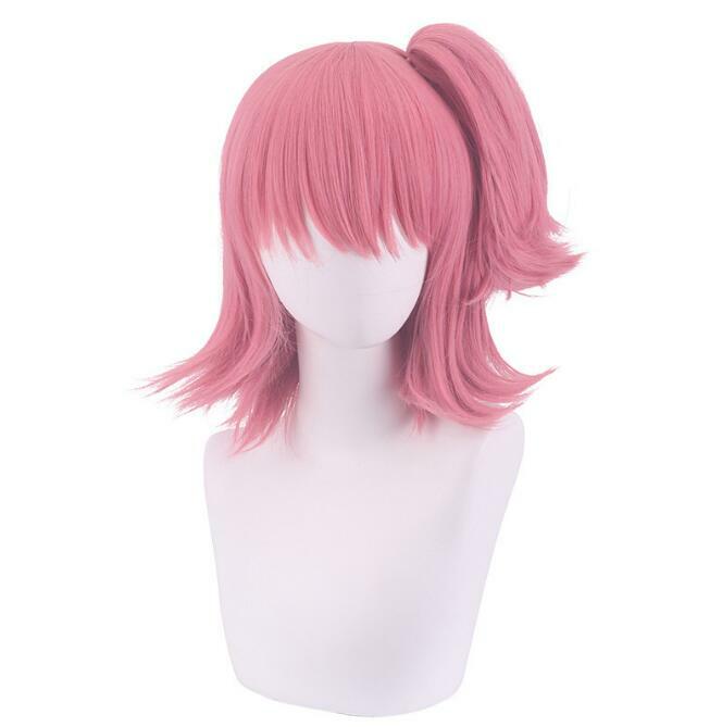Peluca de Cosplay de fibra sintética para niña, pelo corto de cola de caballo alta rosa, Amu Hinamori