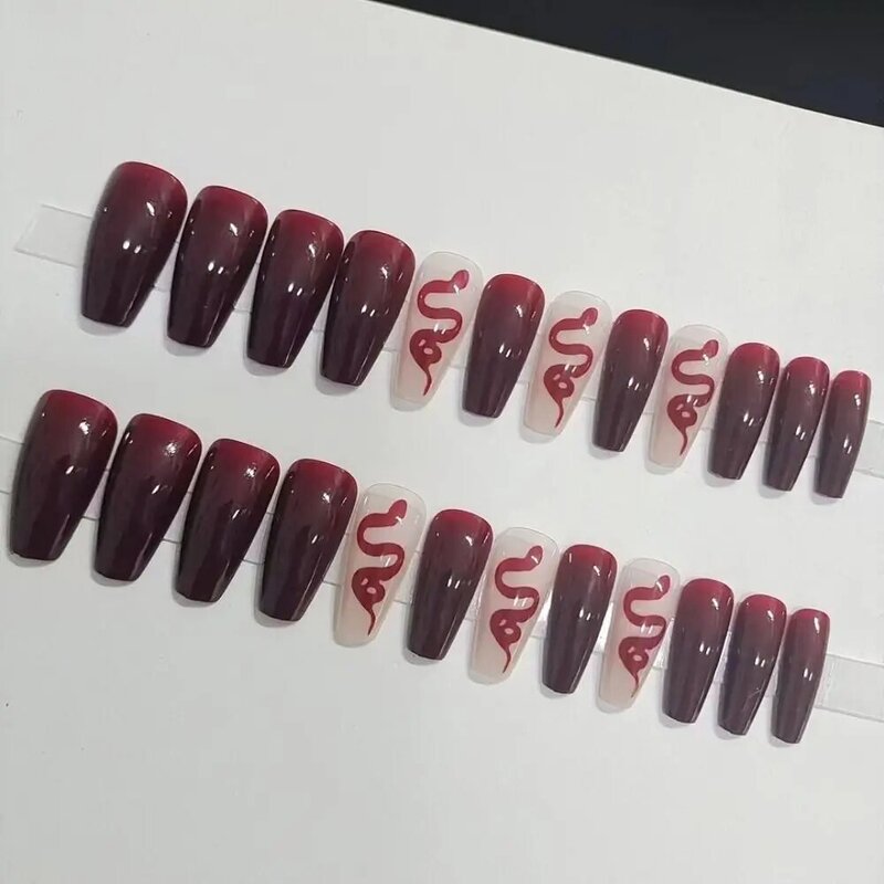 24pcs/box T-shape Fake Nails With Snake Design Red Square Head French Nail Tips Press on Nails Waterproof Faux Fingernails