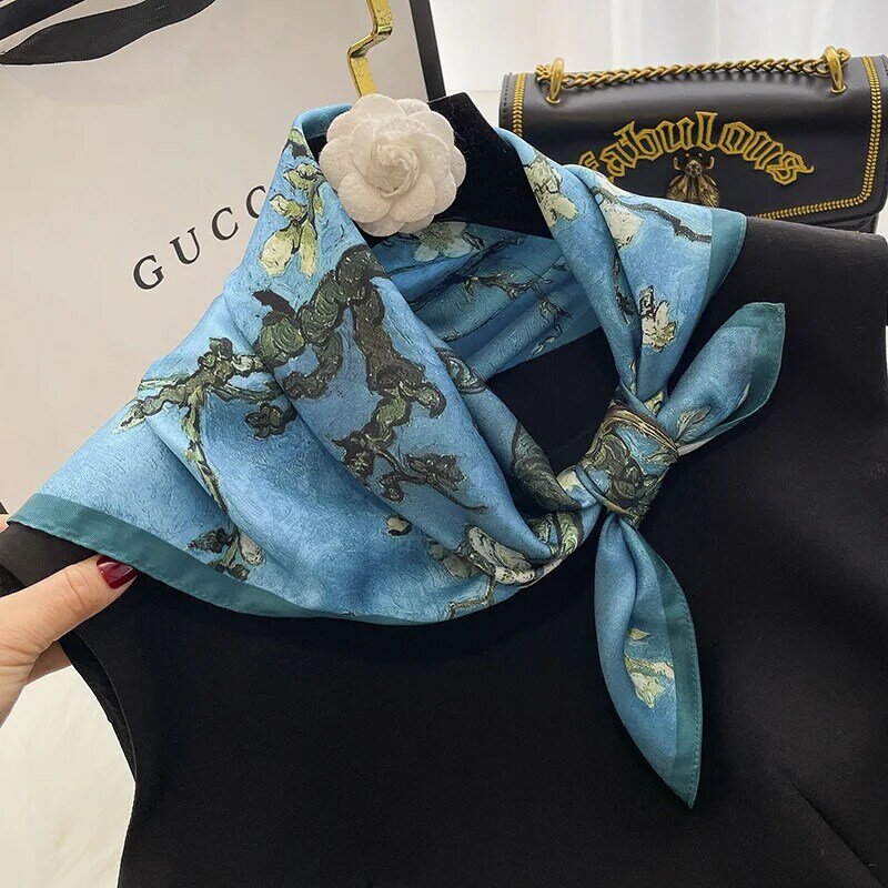 Ikat Rambut Sutra Mode Baru Syal Wanita Motif Bunga Elagant Bandana Leher Saputangan Perempuan Pita Kepala Foulard 2023 Musim Semi