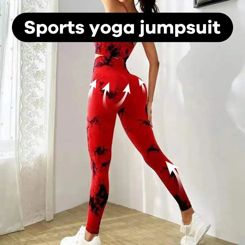 New Tie Dyed Seamless Yoga Suit Set Hanging Neck Yoga Bra reggiseno sportivo Yoga Basic Pants Fitness Pants Set