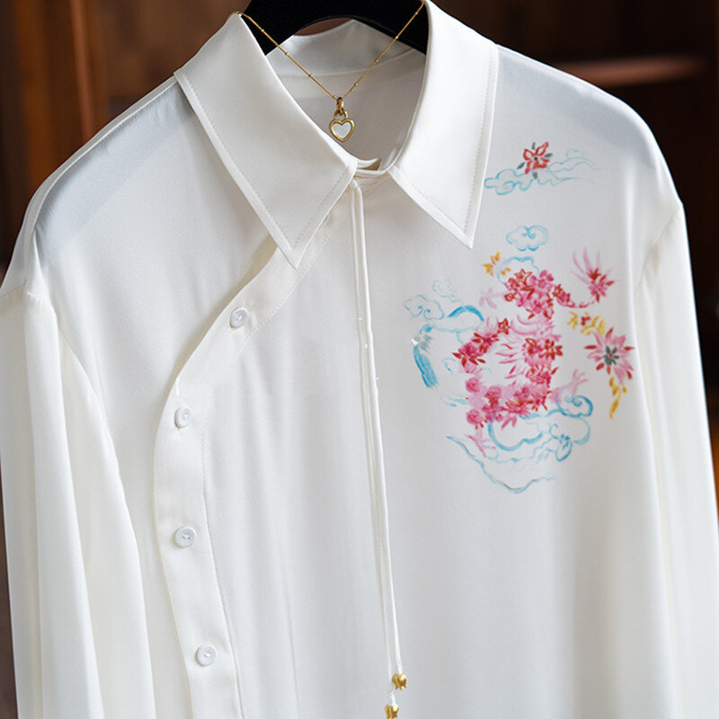 Camisa de seda de estilo chino con cuello inclinado estampado, camisa de seda de morera con botones, blusa Retro Y2k, alta calidad