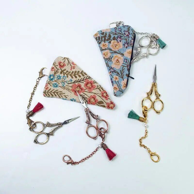 Tijeras de punto de costura Retro, tijeras de ganchillo de bordado con cadena, tijeras de hilo puntiagudas, tijeras de hilo para coser
