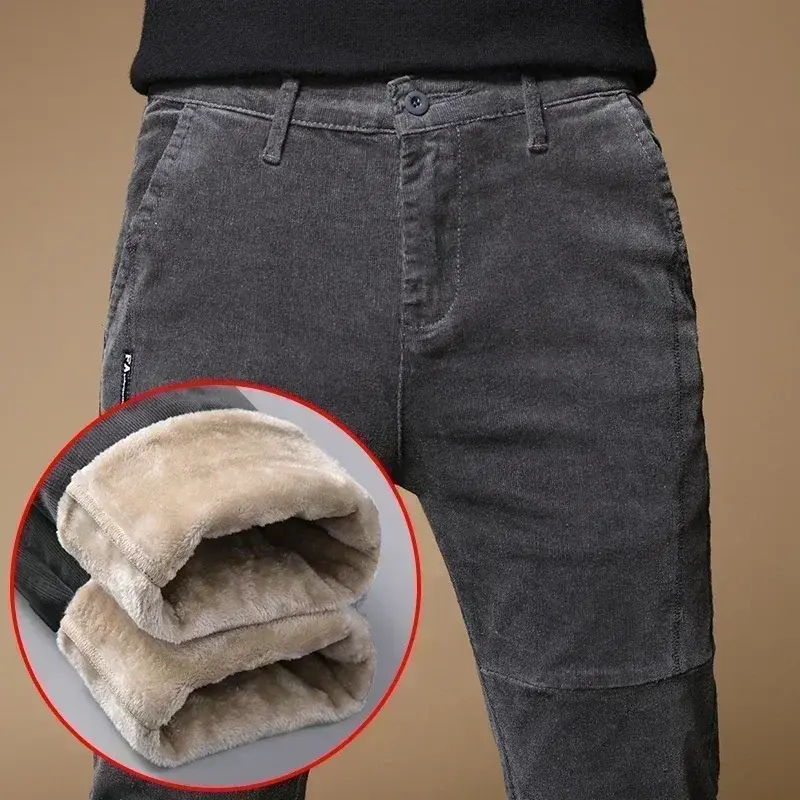 2023 nowy zimowy polar ciepły spodnie sztruksowe męski moda biznesowa Slim Fit Stretch zagęścić szaro-zielony puch spodnie typu Casual mężczyzna