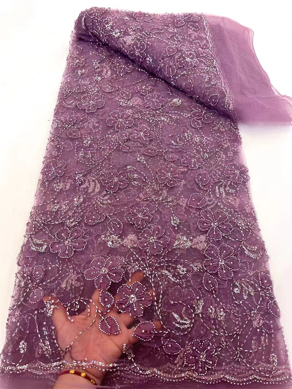 Luksusowa nigeryjska ręcznie robiona koronkowa tkanina z koralików 2024 Wysokiej jakości cekiny z haftem koralikowym Afrykańska francuska koronkowa tkanina na sukienkę