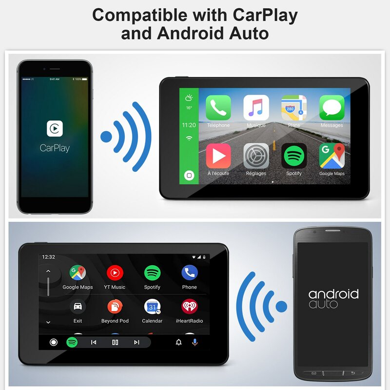 Rádio Android CarPlay sem fio portátil, 7 "Touch Screen, multimídia, Bluetooth, navegação, estéreo HD1080