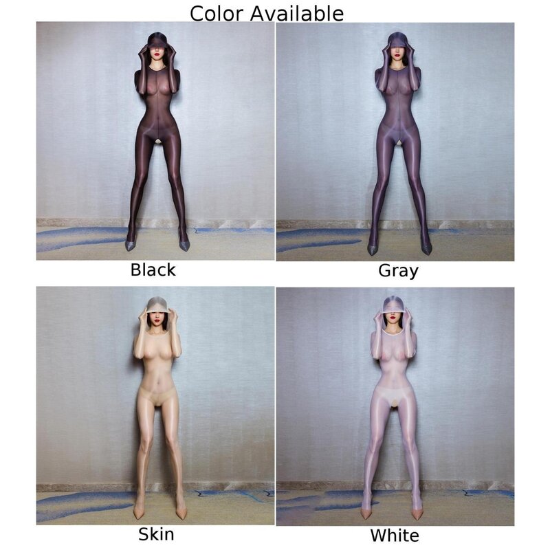 Women Shiny Crotchless Bodysuit Sheer See Through Open Crotch Sexy Tights Oil Glossy Hooded Jumpsuit Onepiece Body Stockings