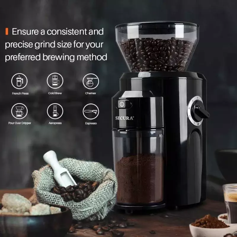 Secura Burr Coffee Grinder, Conical Burr Mill Grinder with 18 Grind Settings from Ultra-fine to Coarse, Electric Coffee Grinder