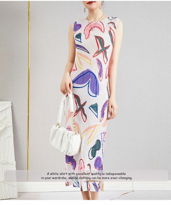 Женское плиссированное платье, элегантная длинная юбка с разрезом и принтом, свободная трапециевидная юбка с круглым вырезом, новинка 2023