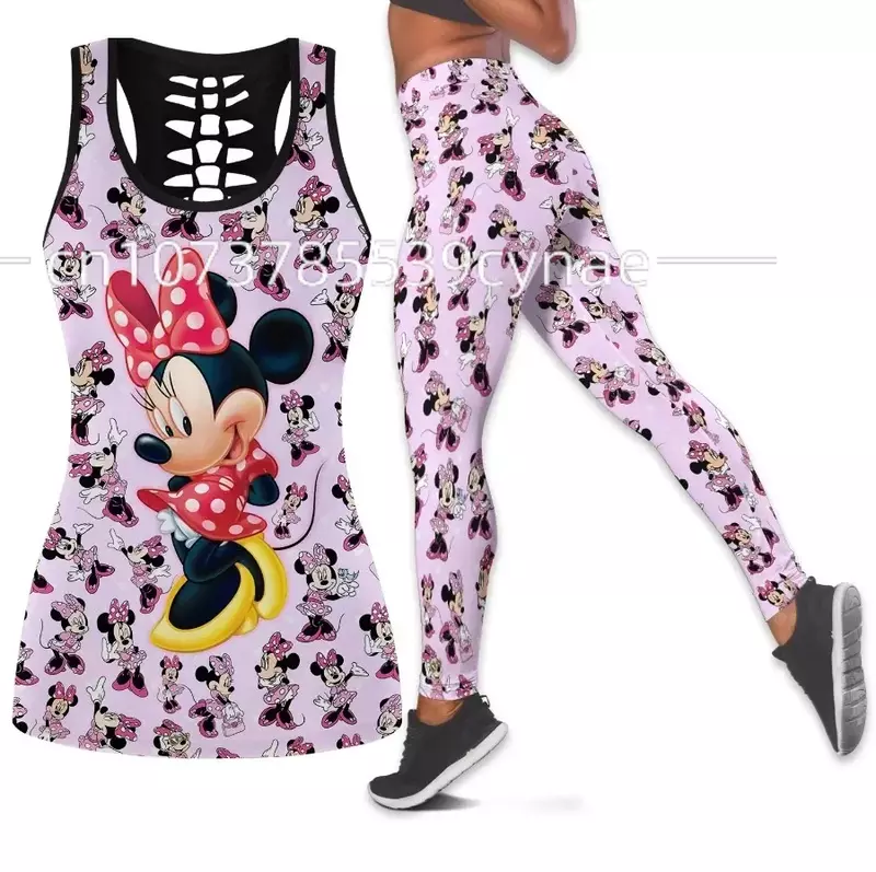 Disney-Chaleco hueco de Mickey y Minnie para mujer, traje de Yoga, Leggings de Fitness, traje deportivo, camiseta sin mangas, conjunto de mallas