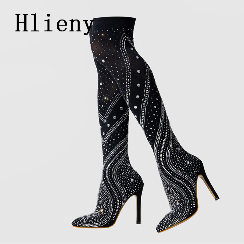 Hlieny-女性用の先のとがったつま先の膝ブーツ,薄いハイヒール,ストリッパーシューズ,ストレッチ生地の靴下,セクシーなデザイナー,ナイトクラブ