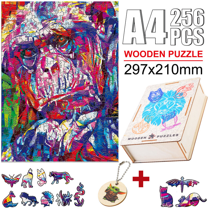Brightly Colored Chimpanzee Jigsaw Puzzles Elegant Shape Wooden Puzzles Animal Montessori Educational Toys For Kids Adults