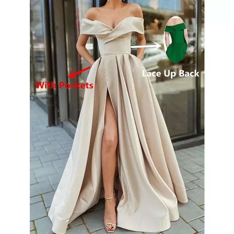 Off The Shoulder Long Prom Dresses for Women A-Line Backless Satin Formal Evening Party Gown with Pockets faldones para mujer