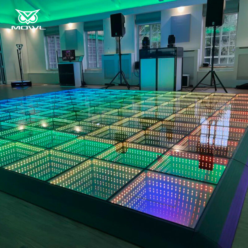 Luces de escenario de vidrio templado, Panel de espejo infinito magnético, efecto 3d, LED, pista de baile para fiesta de boda