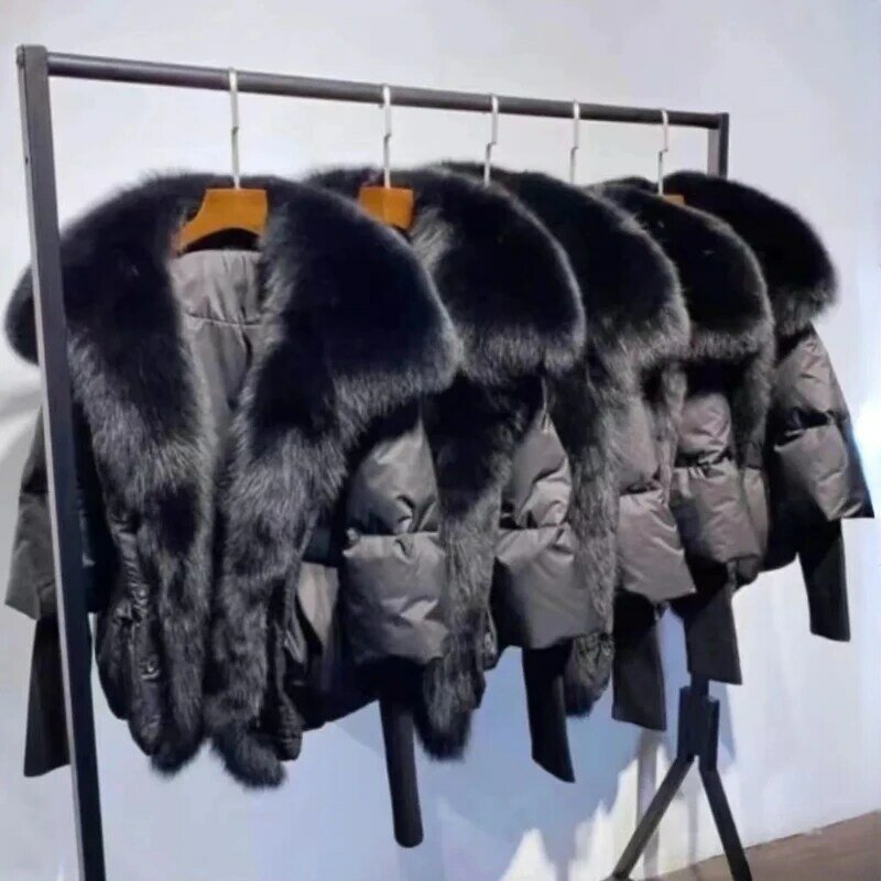Menina bonita mode neue winter echte fuchs pelz kragen dicke frauen warmer mantel ente daunen jacke luxus outwear neuer weiblicher mantel
