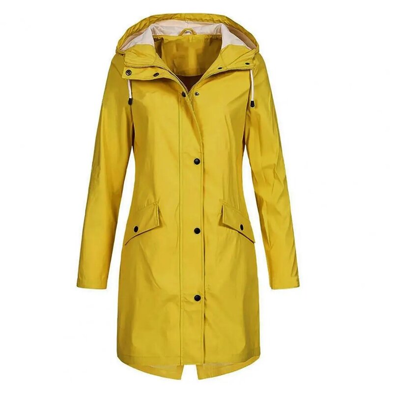 Mantel Trench bertudung wanita, lengan panjang jaket penahan angin kancing ritsleting saku saku saku jaket panjang sedang pakaian luar