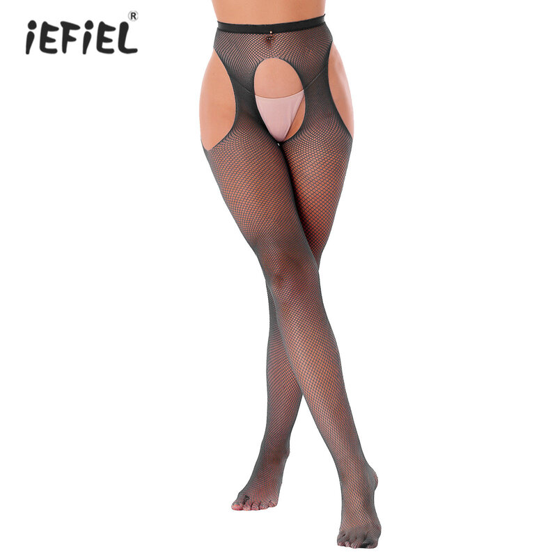 ผู้หญิงเซ็กซี่สีทึบยืด Leggings ดูผ่าน Hollow Out Fishnet ถุงน่องชุดชั้นใน Cutout Crotchless Pantyhose