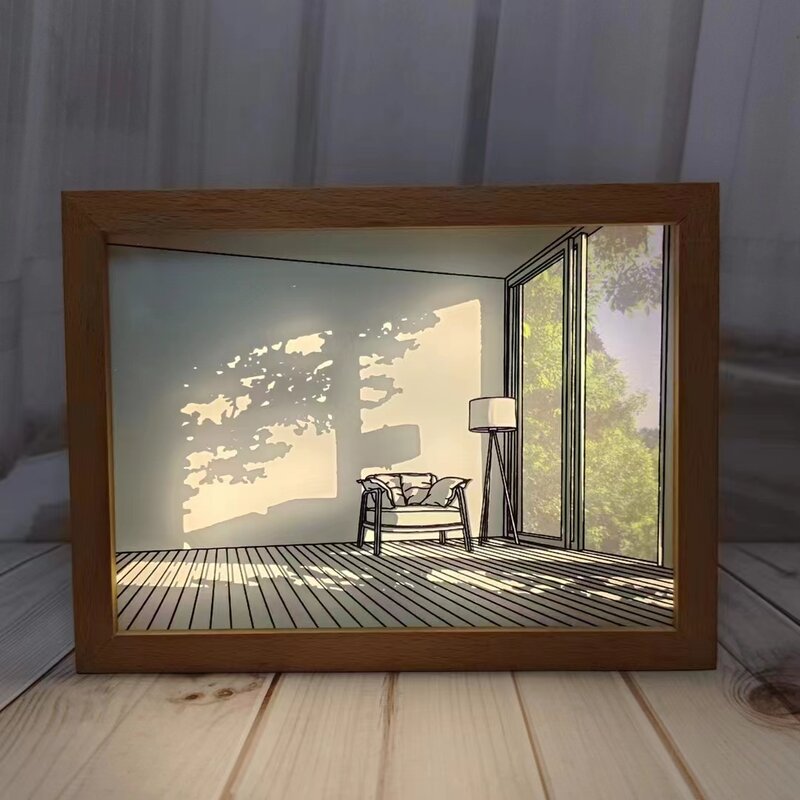 USB Power LED Sketch Night Light Minimalist Painting  Wall Artwork Table Lamp Touch Control Wooden Photo Frame Lamp Home Decor