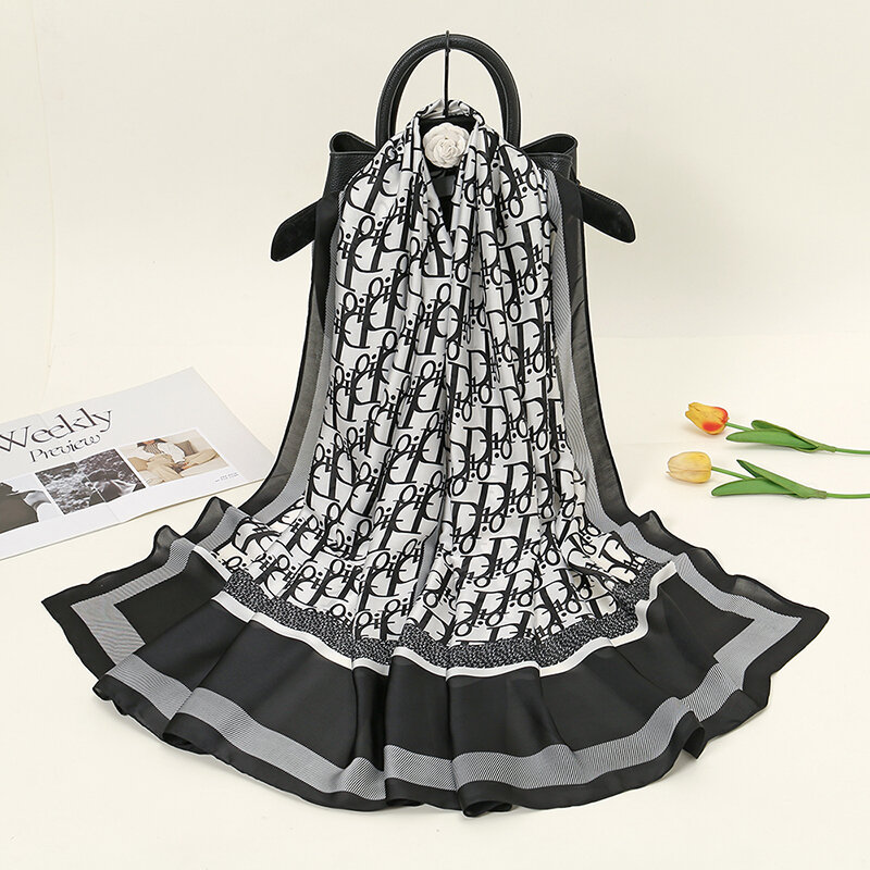 LAVEN-bufanda de seda satinada estampada para mujer, chal de protección solar, estilo Simple, envolturas largas, 180x90cm