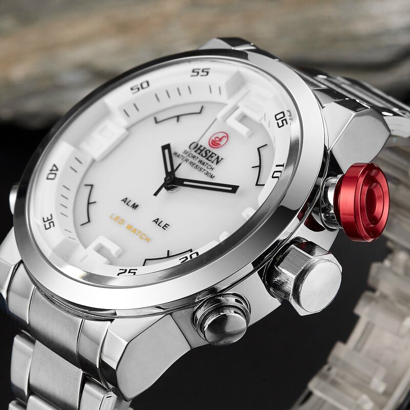 OHSEN – montres numériques à Quartz pour hommes, bracelet en acier blanc, Sport, LED, style militaire décontracté