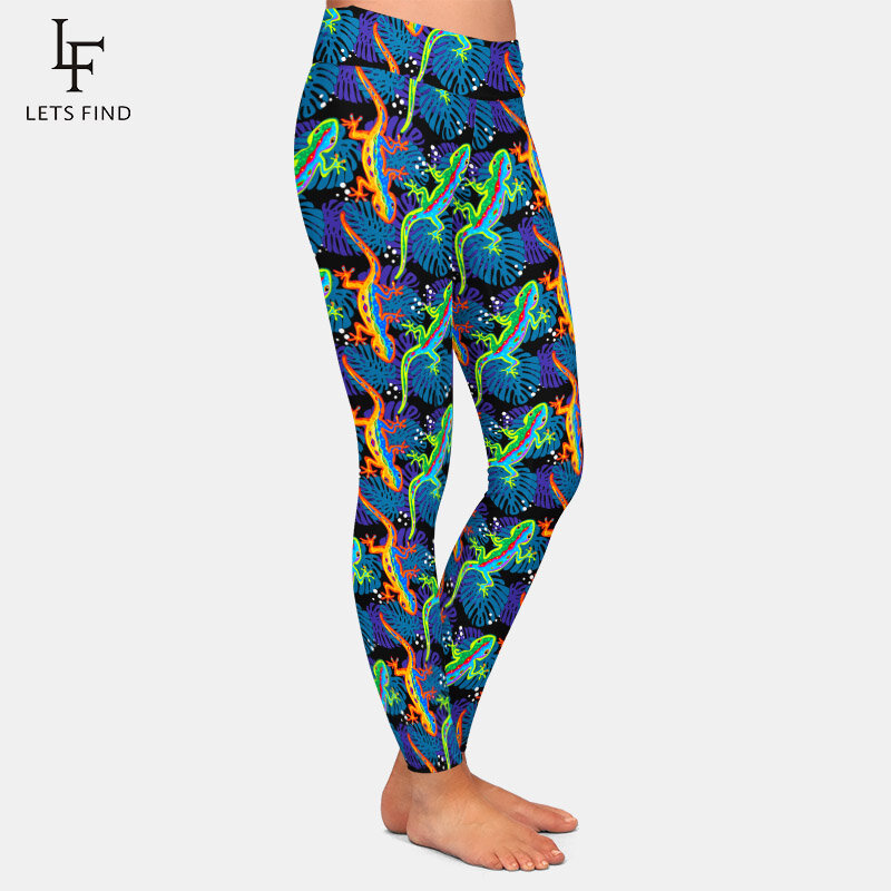 LETSFIND 2020 New Womens Fashions Pants 3D Exotic Tropical con lucertole e foglie stampa Leggings elastici a vita alta