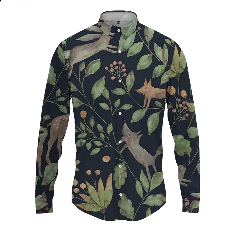 남성용 잎사귀 식물 3D 프린트 긴 셔츠, 최신 하와이 셔츠, 캐주얼 긴팔 단추 라펠, 남성용 녹색 셔츠, 상의
