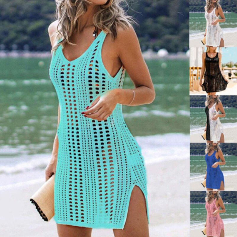 2023 Summer Cutout Beach Tank Top Sexy Bikini Outer Cover Up For Ladies Sleeveless V-Neck Mid Length Dress Knitted Beach Dress