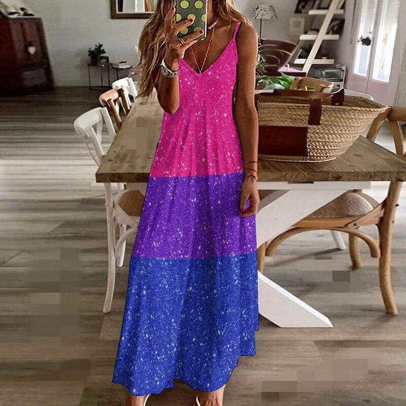Vestido sin mangas con purpurina falsa para mujer, traje con fondo de bandera de orgullo Bisexual, falda de verano, 2024