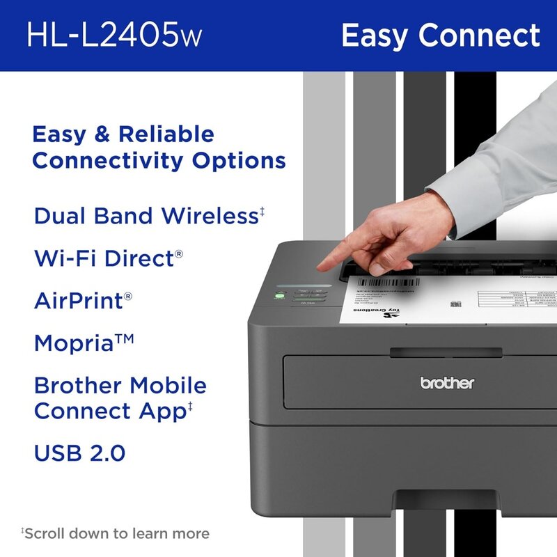 Bezprzewodowa kompaktowa monochromatyczna drukarka laserowa HL-L2405W z mobilnym nadrukiem, czarno-białą wyjściem| Zawiera podpórkę odświeżową