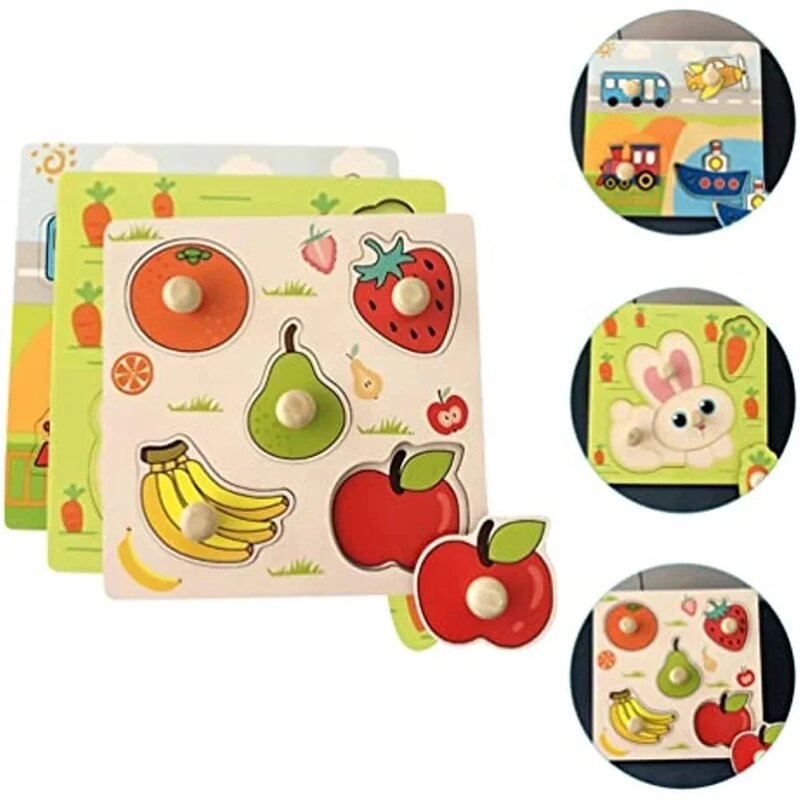 나무 페그 퍼즐 보드, 과일 및 야채 페그 직소 퍼즐 핸들 그리퍼, 번들 모양 장난감, 조기 교육 개발 T