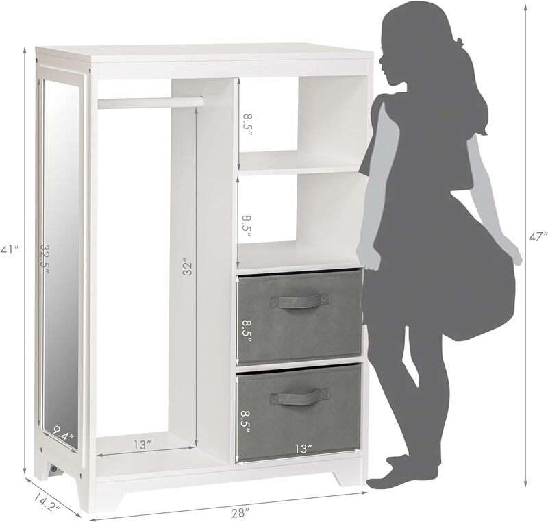 Armario con espejo de longitud completa para niños, armario con 2 contenedores de almacenamiento, apertura colgante para disfraz