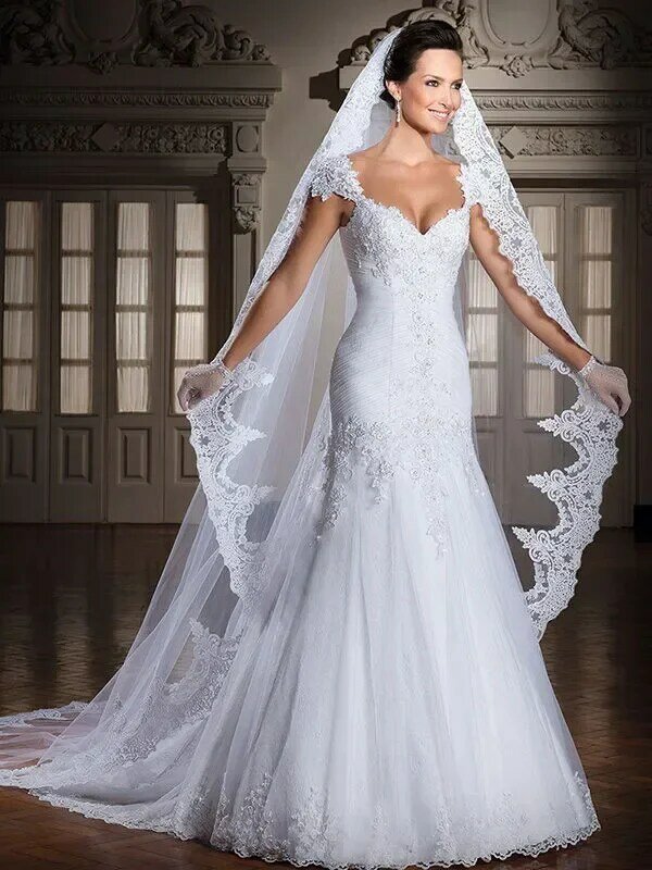 Vestido de novia elegante de sirena con escote en V, apliques de encaje de diseñador, mangas casquillo, vestidos de novia con tren, 2024