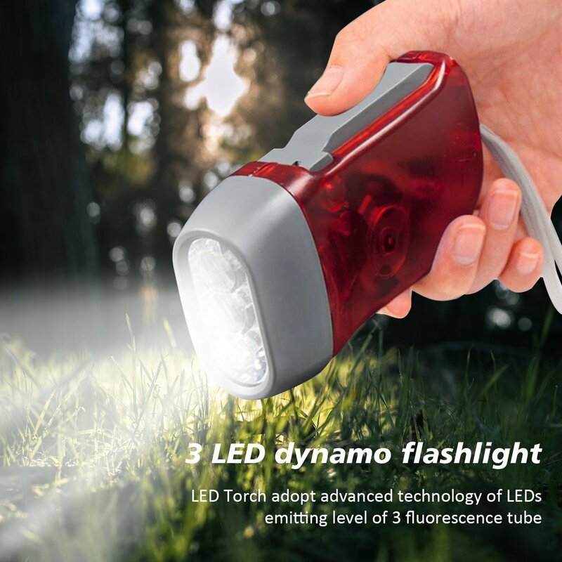 Mão Pressionando Dynamo Crank Power Wind Up Lanterna, Início Tocha, Camping Luz, Emergência ao ar livre, lâmpada portátil, 3 LED