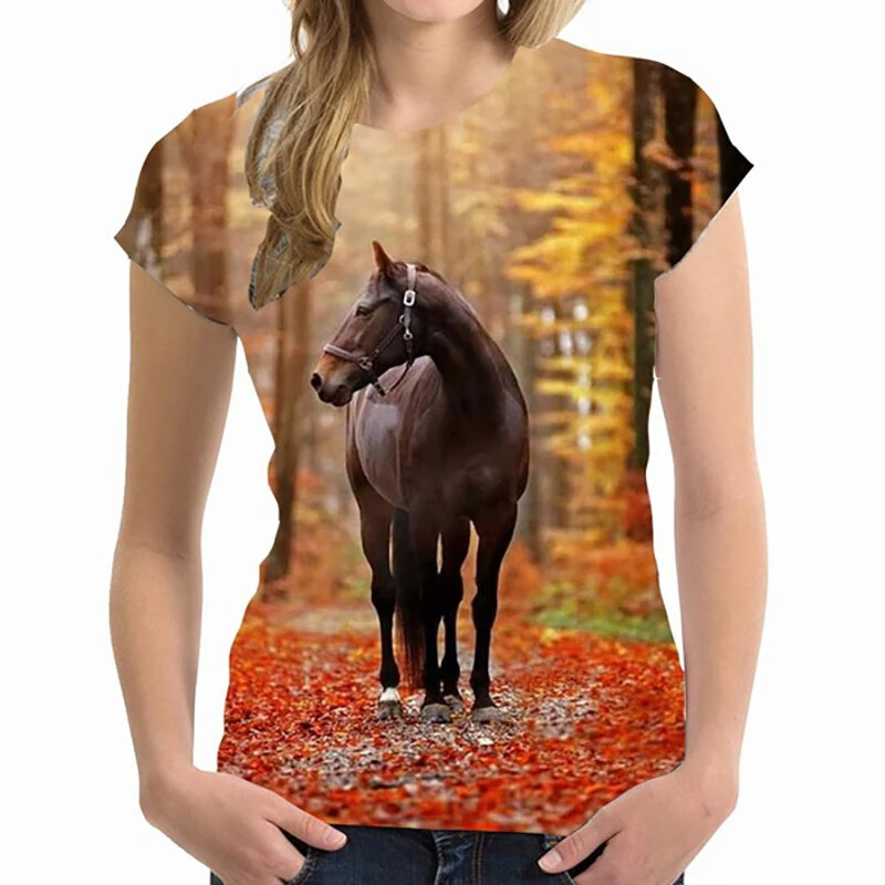 Summer Women's T-shirt Horse 3D Animal Print Women's Street Personalized Clothing Casual Short Sleeved Top Harajuku Girl