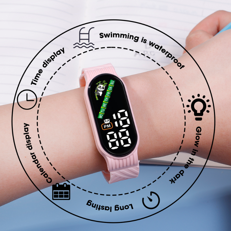Śliczny cyfrowy zegarek dla dzieci Panda wodoodporny wyświetlacz LED elektroniczny zegarek silikonowy pasek moda kampus kolorowy zegar licznik czasu